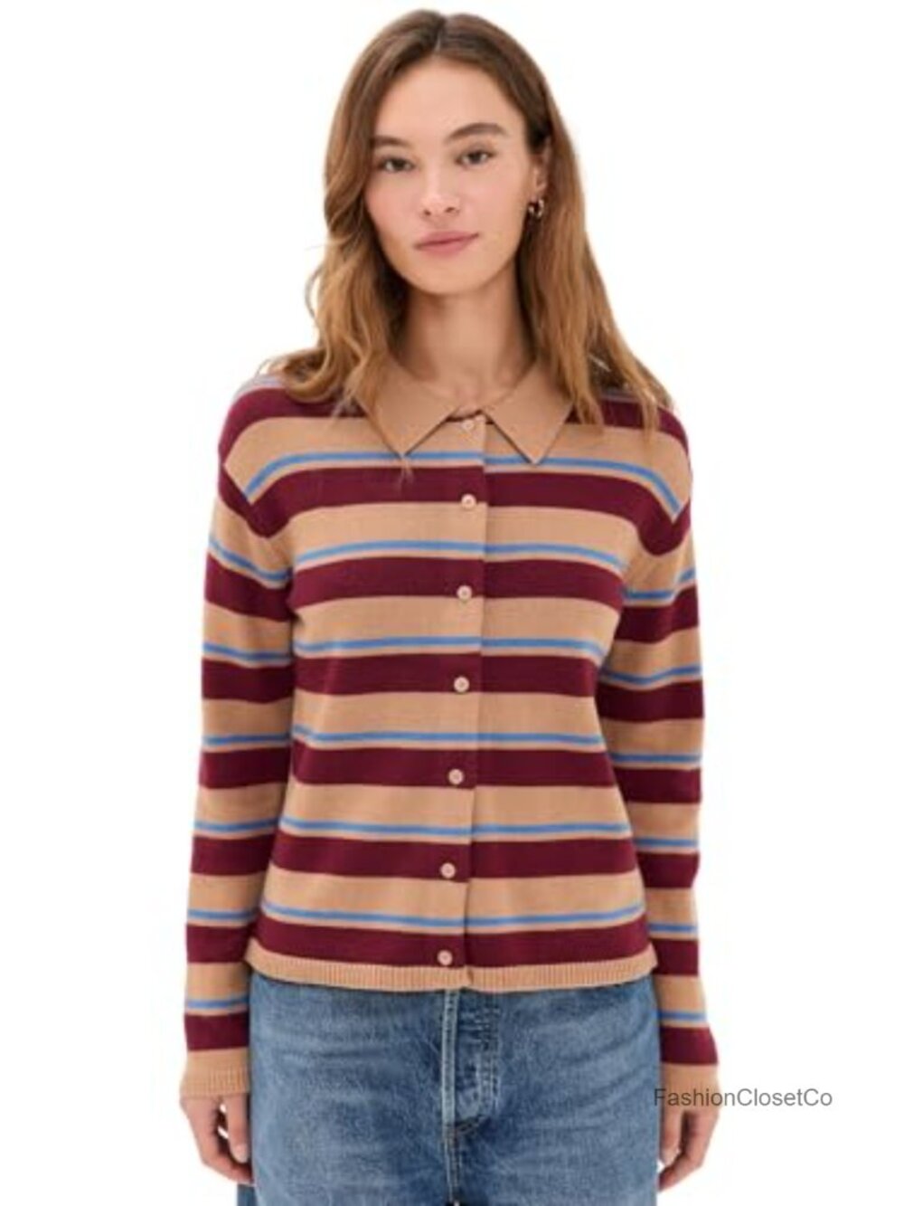 Striped Collar Cardigan Women's Mid-Weight Stretch Knit Long Sleeve